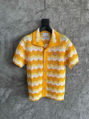Casablanca Yellow-White Gradient Wave Pattern Openwork Knit Cardigan